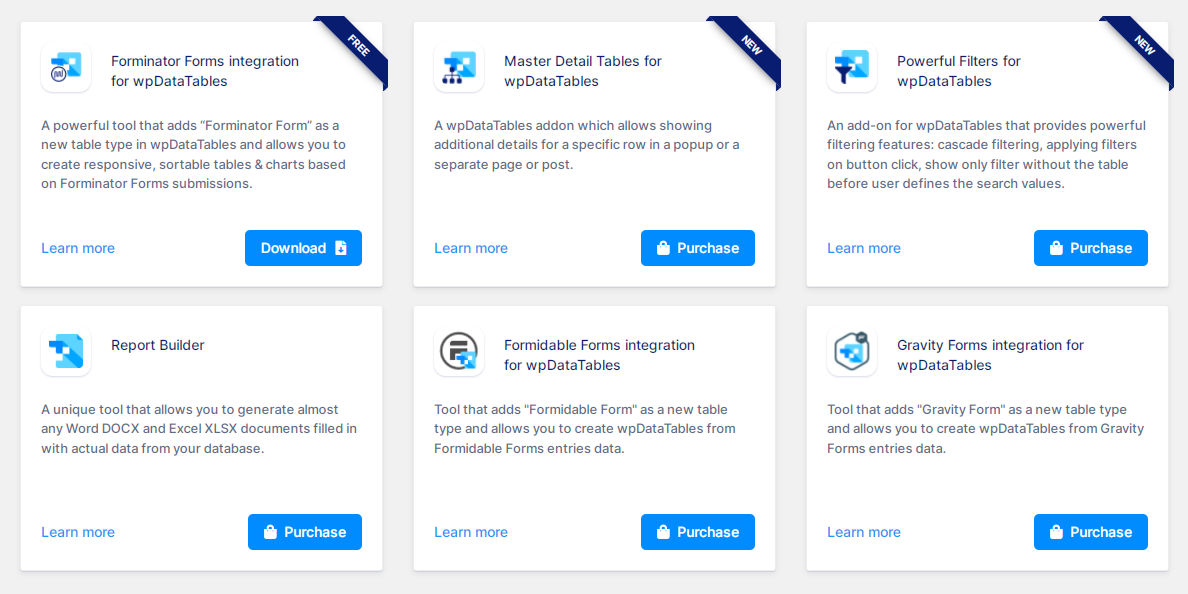 các addons wpdatatables premium