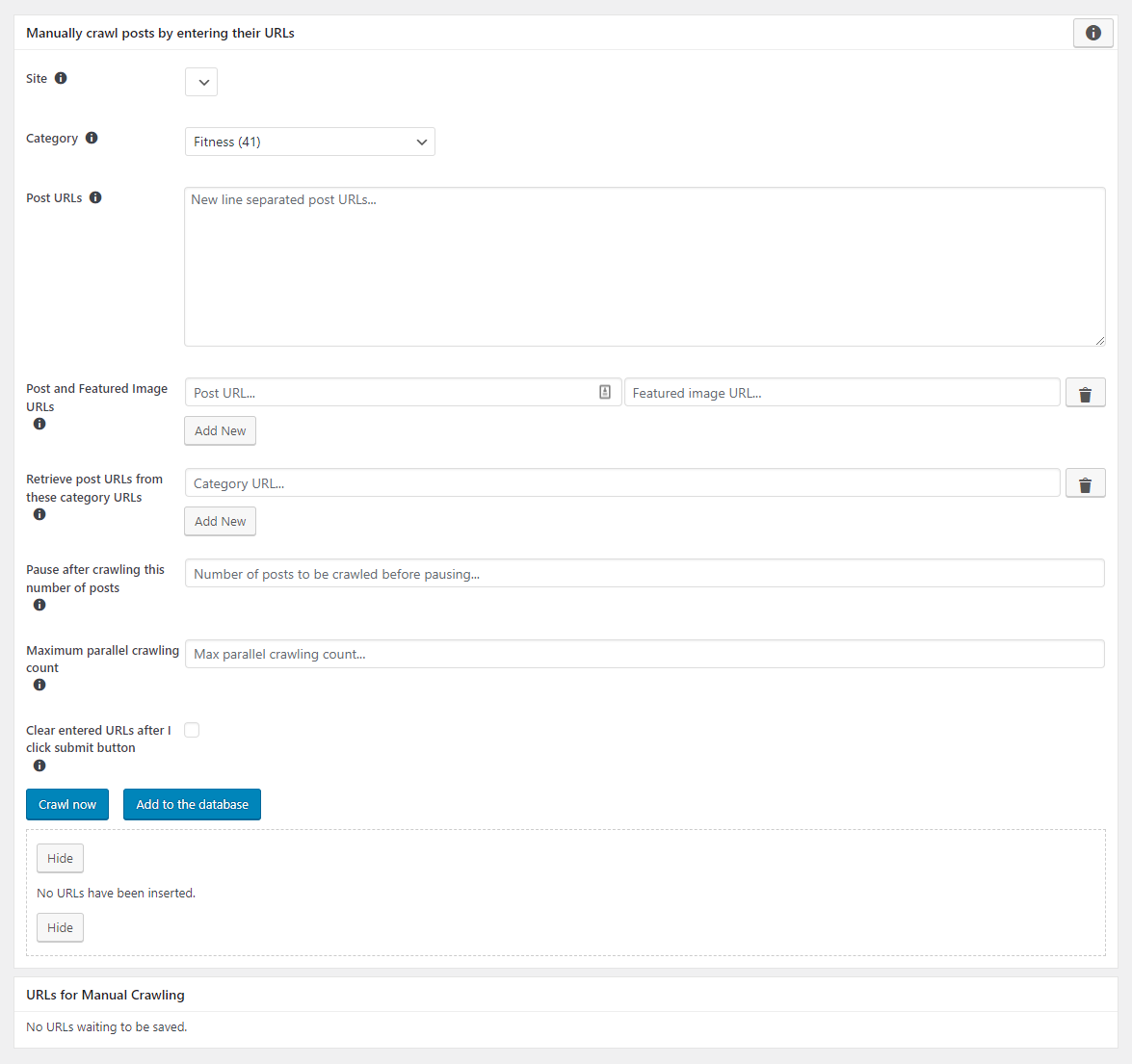 tùy chọn craw thủ công wp content crawler