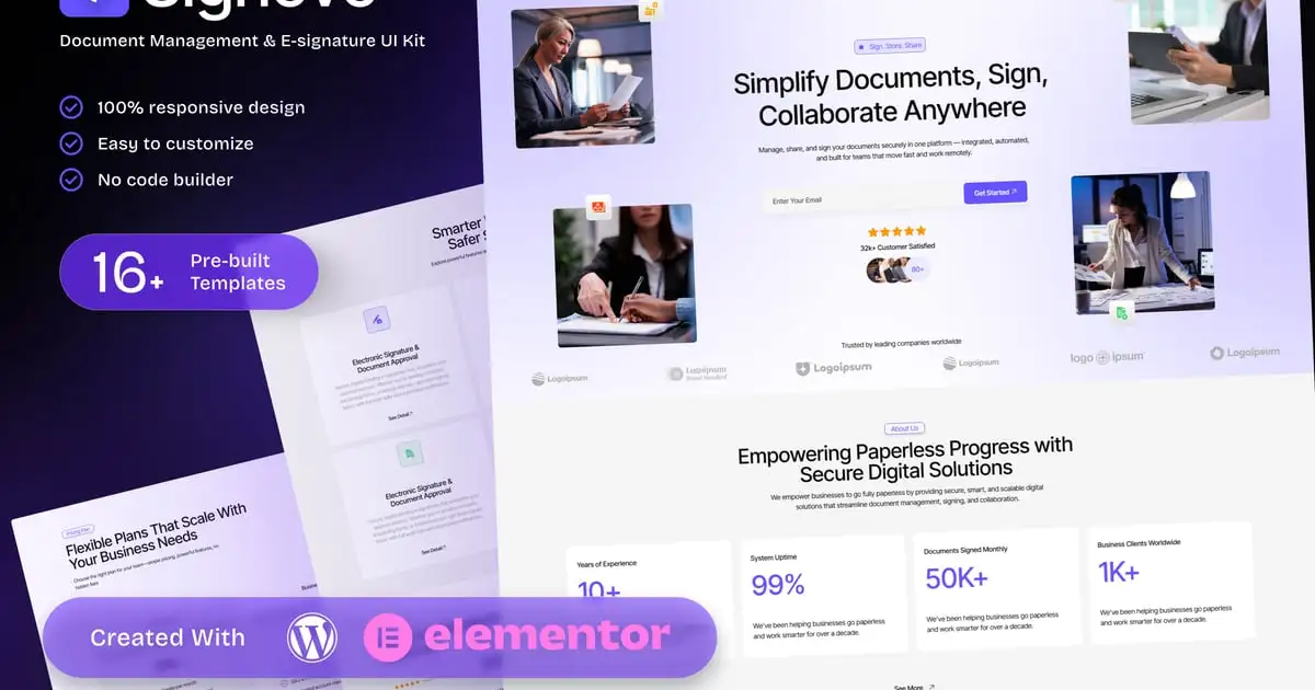 Signovo – E-signature & Document Management SaaS Elementor Template Kit