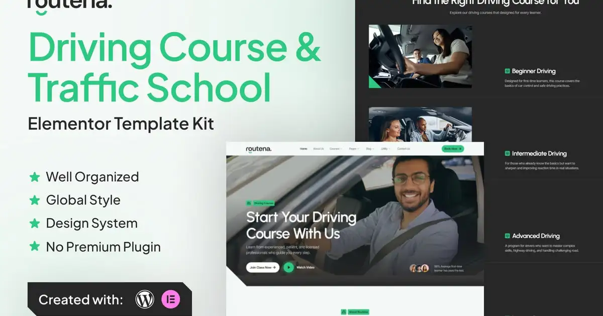 cover-routena Routena – Driving Course & Traffic School Elementor Template Kit