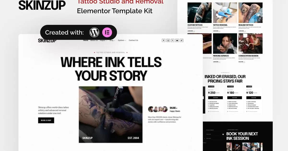 Skinzup – Tattoo Studio & Removal Elementor Template Kit
