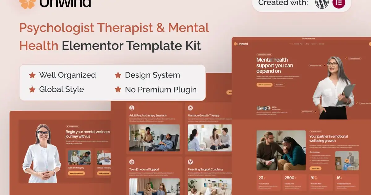 Unwind – Psychologist Therapist & Mental Health Elementor Template Kit