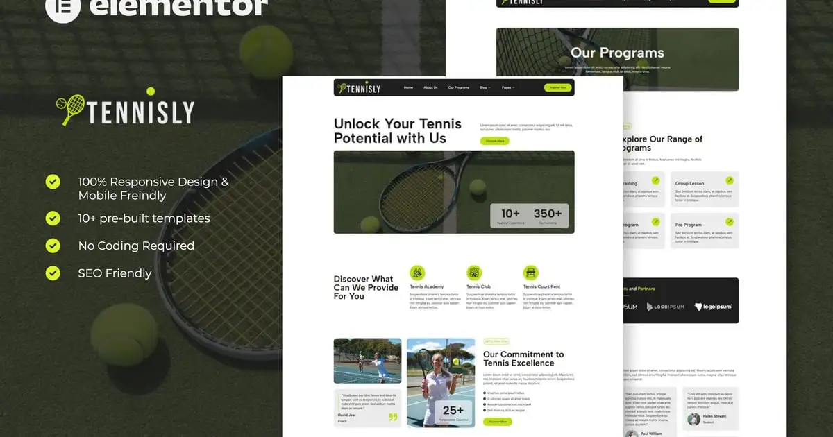 Tennisly – Tennis School & Sports Club Elementor Template Kit