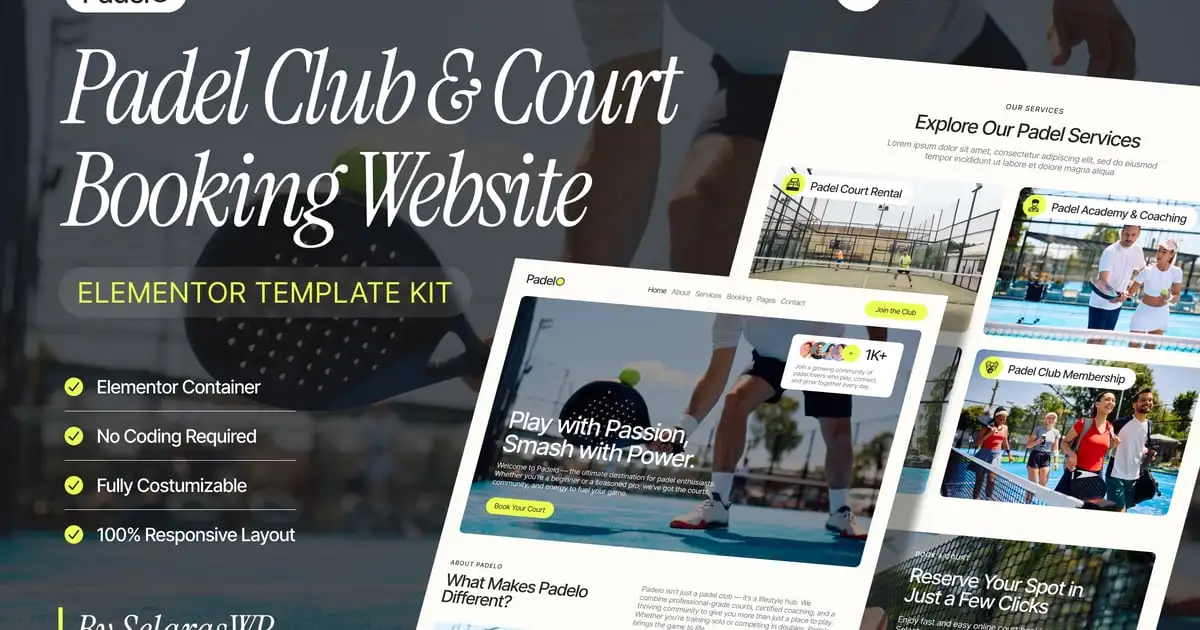 Padelo – Padel Club & Court Booking Elementor Pro Template Kit