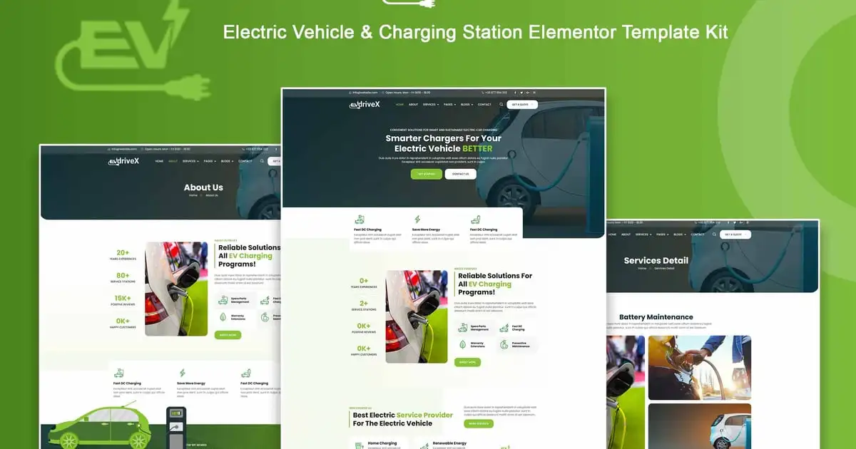 EVdriveX – Electric Vehicle & Charging Station Elementor Template Kit