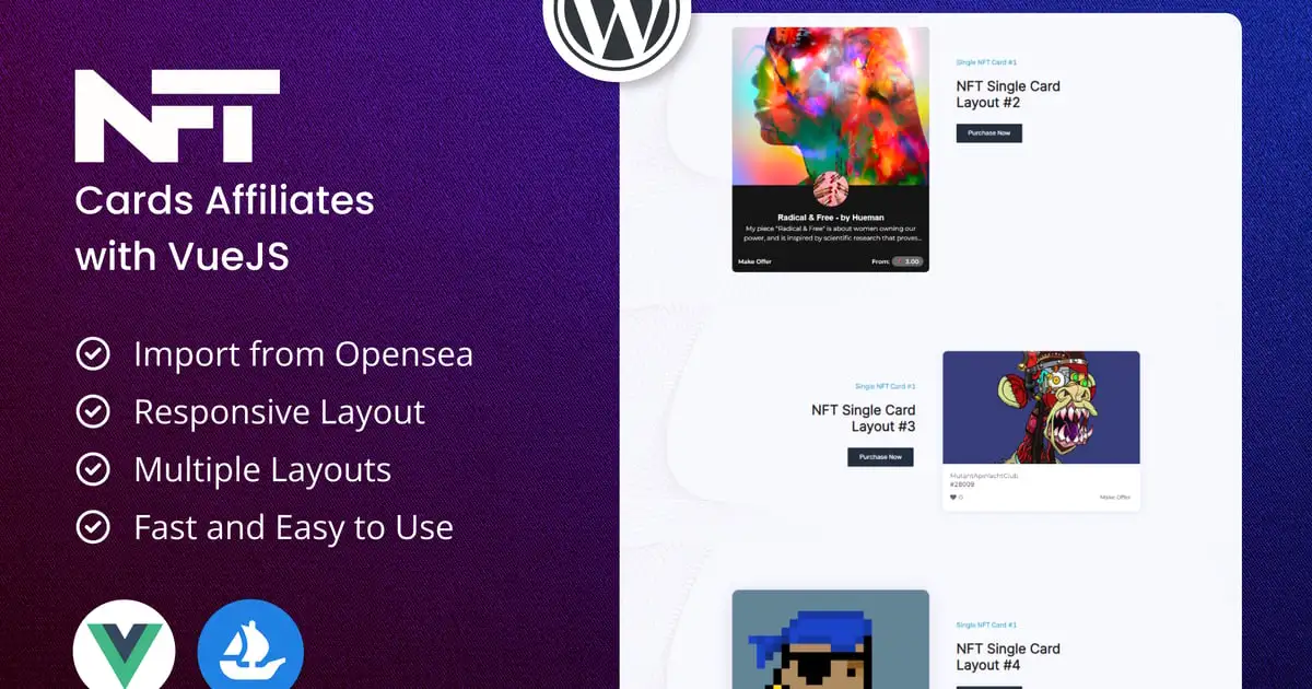 WordPress Live NFT Cards Affiliates with VueJS