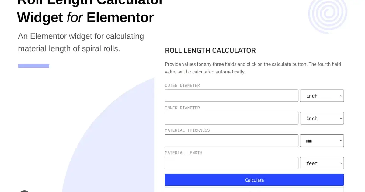 Roll Length Calculator Widget for Elementor