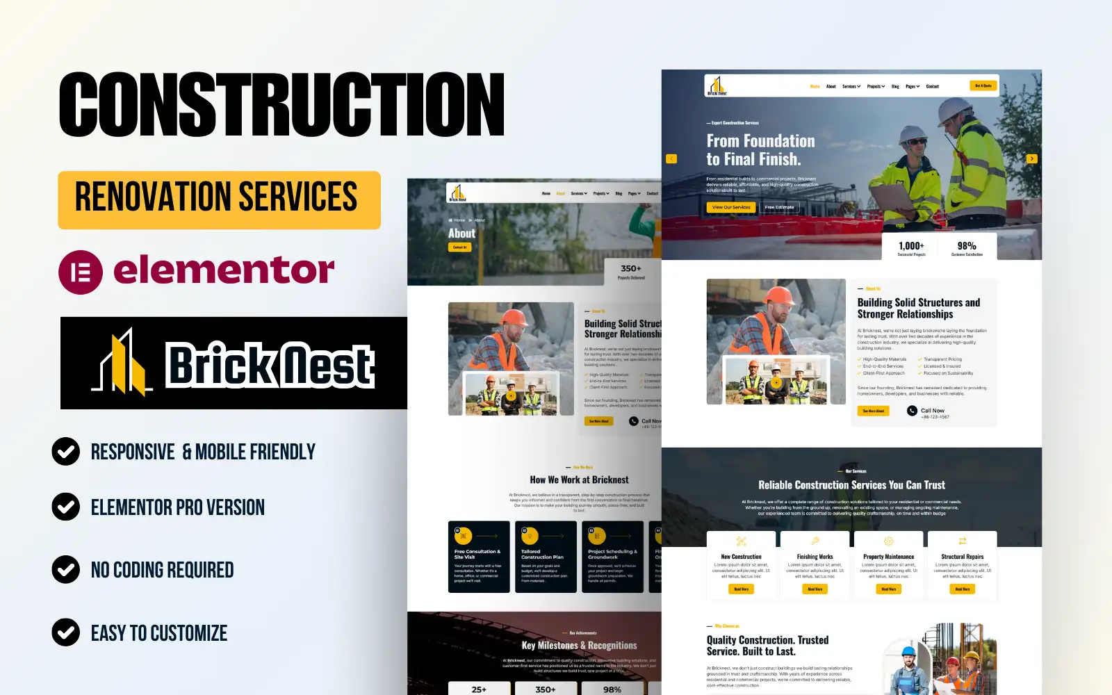 Bricknest – Construction and Renovation Elementor Template Kit Elementor Kit