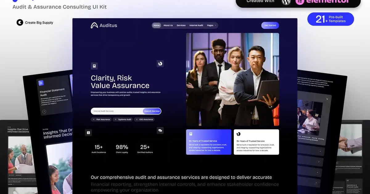 Auditus – Audit and Assurance Consulting Elementor Template Kit for Financial Firms