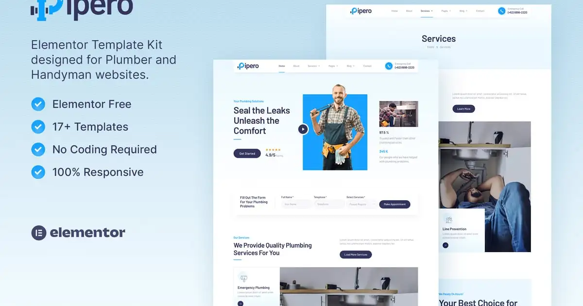 Pipero – Plumber & Handyman Services Elementor Template Kit
