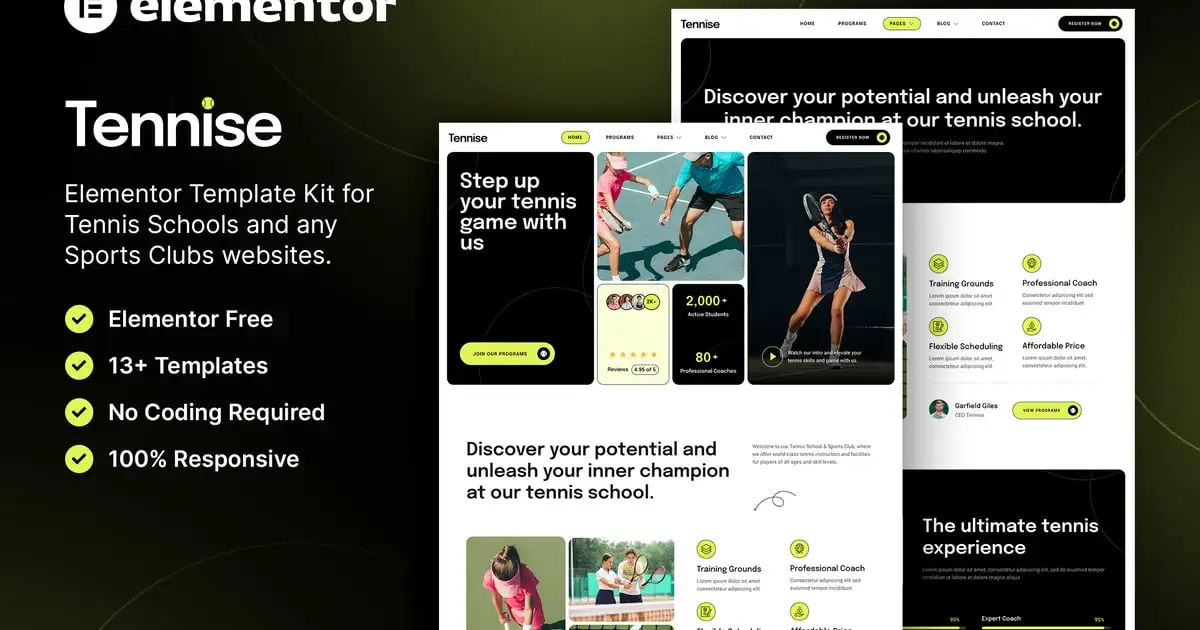 Tennise – Tennis School & Sports Club Elementor Template Kit