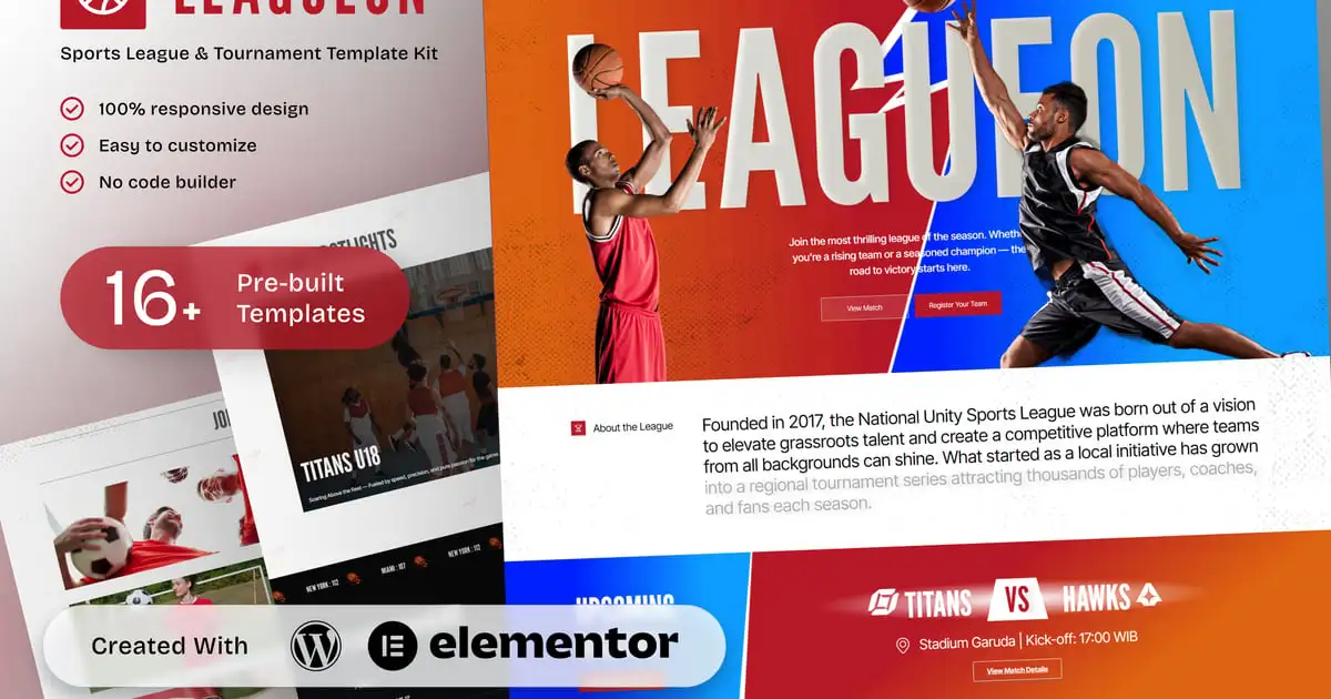 Leagueon – Sports League & Tournament Elementor Template Kit