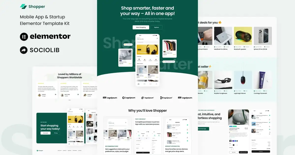 Shopper – Mobile App & Startup Showcase Elementor Template Kit