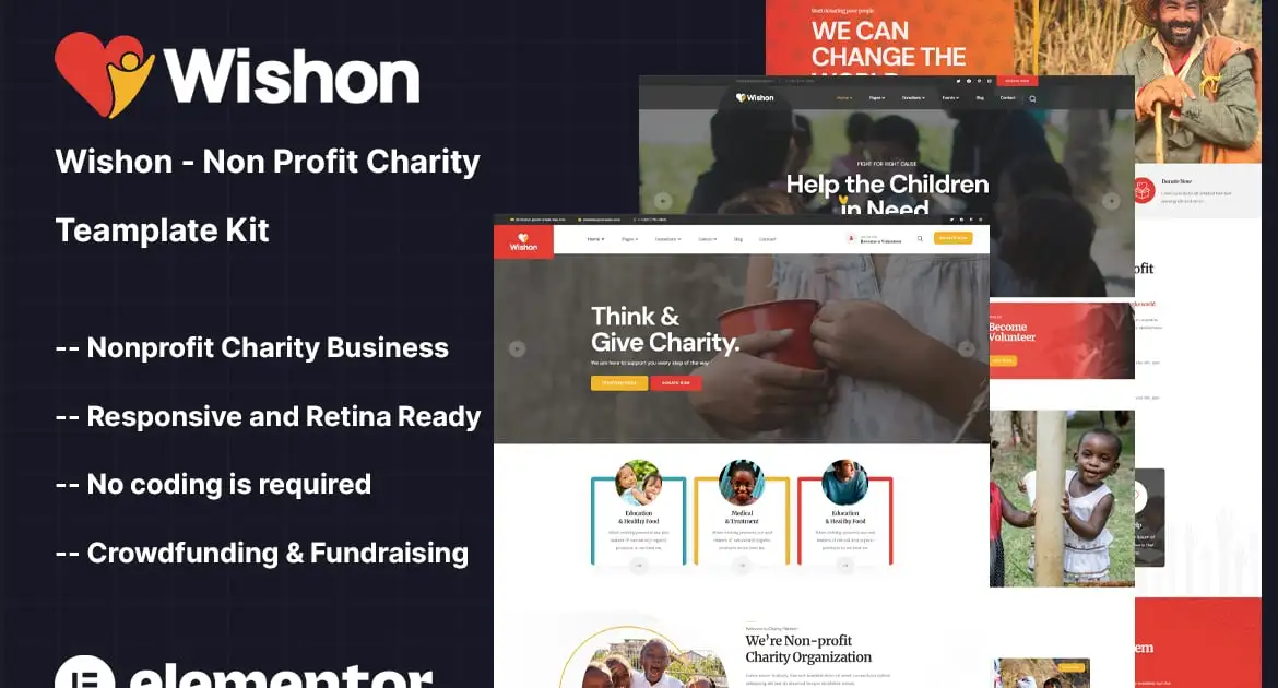 Wishon – Non Profit Charity Elementor Template Kit