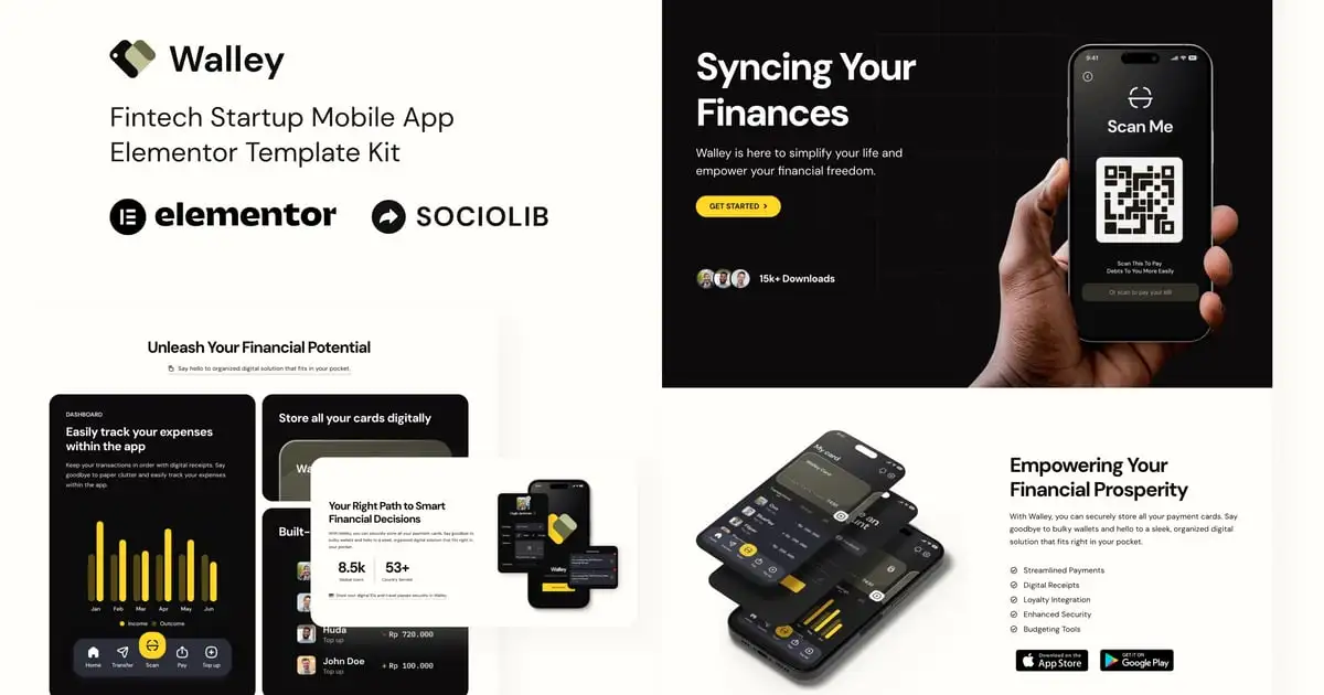 Walley – Fintech Startup Mobile App Elementor Template Kit