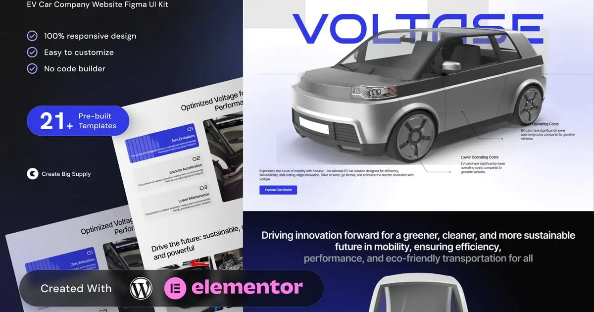 Voltase EV Car Company Elementor Template Kit for Electric Vehicle Brands and Green Mobility Startup