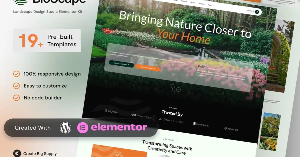 BioScape – Landscape Design and Home Decoration Elementor Template Kit for Outdoor Spaces and Garden