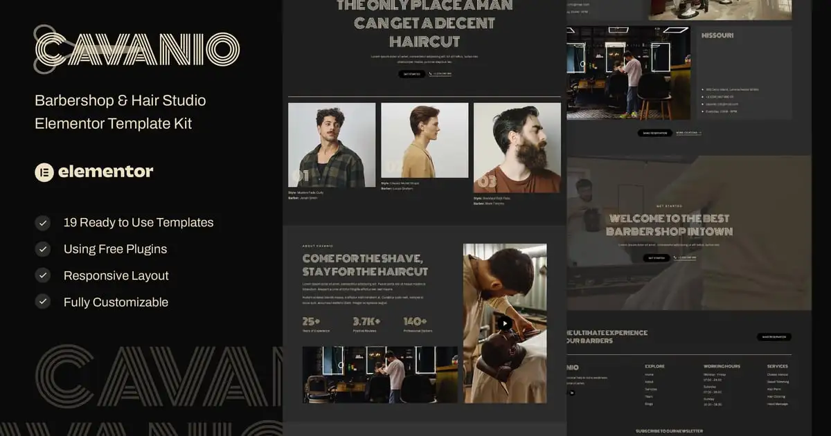 Cavanio – Barbershop & Hair Studio Elementor Template Kit