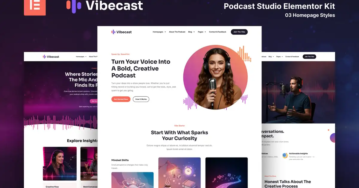 Vibecast – Podcast Studio Elementor Pro Template Kit