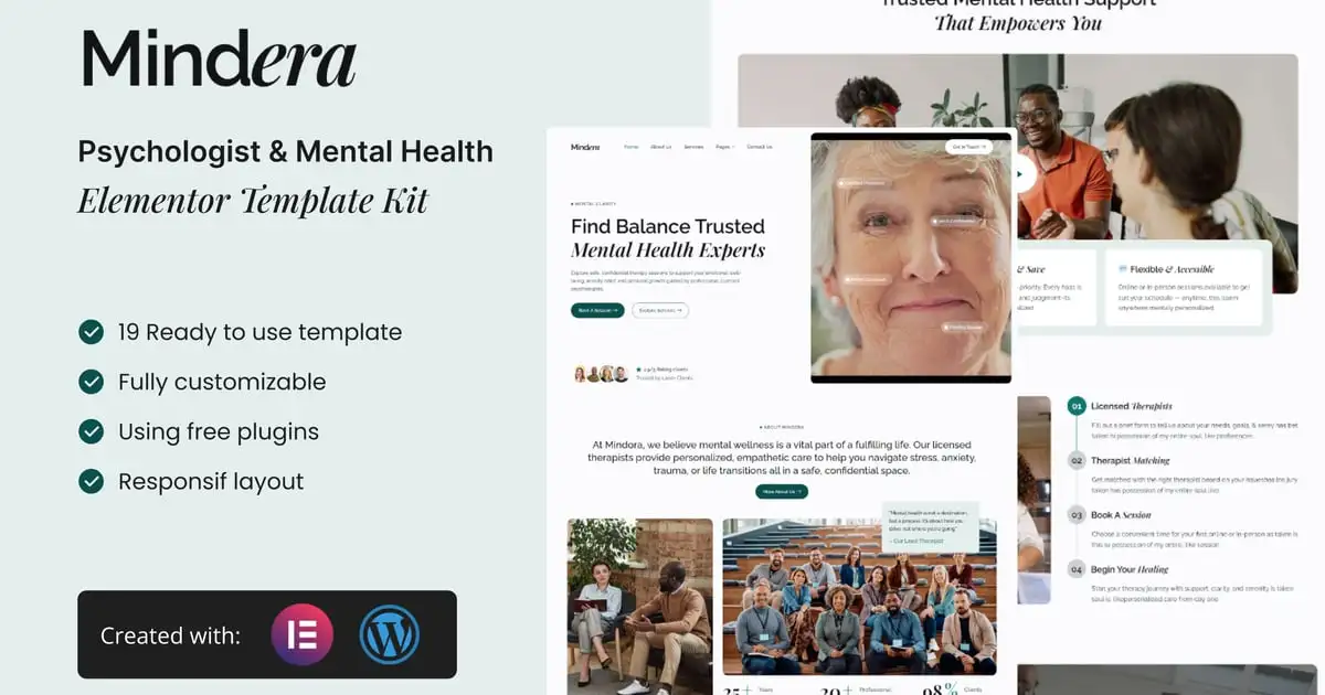 Mindera – Psychologist & Mental Health Elementor Template Kit