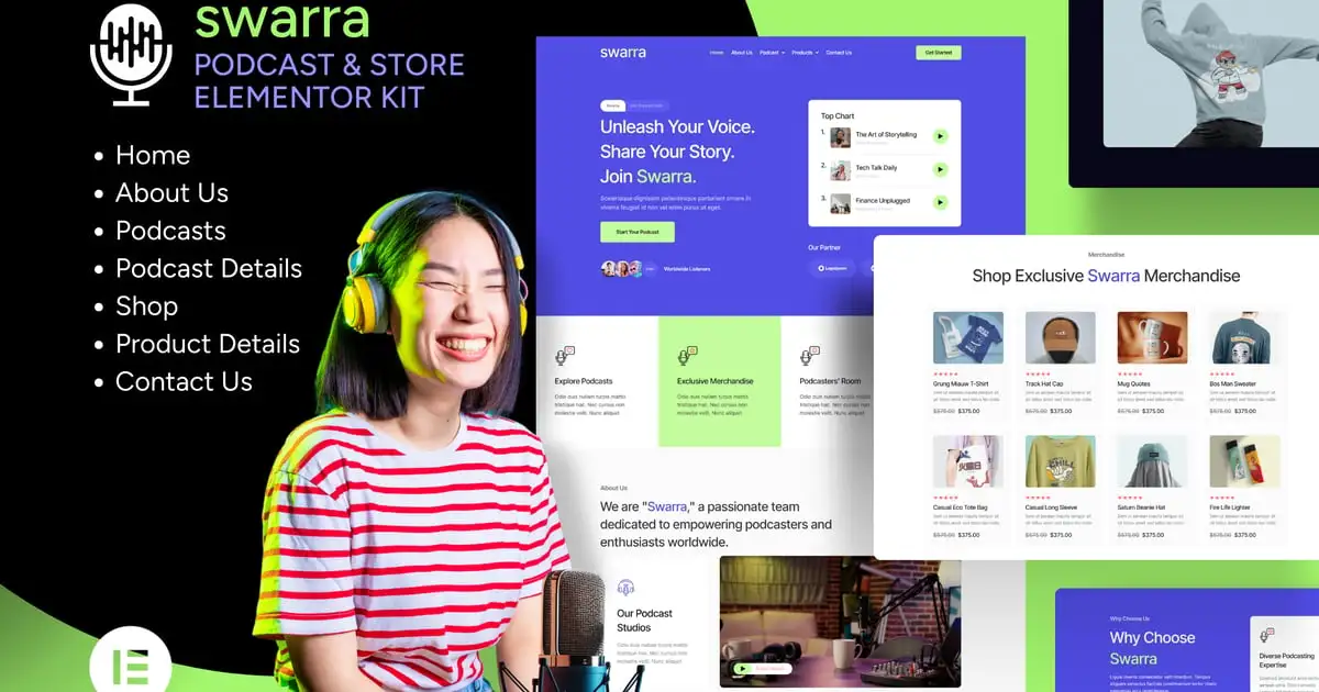 Swarra – Podcast Streaming & Merchandise Store Template Kit