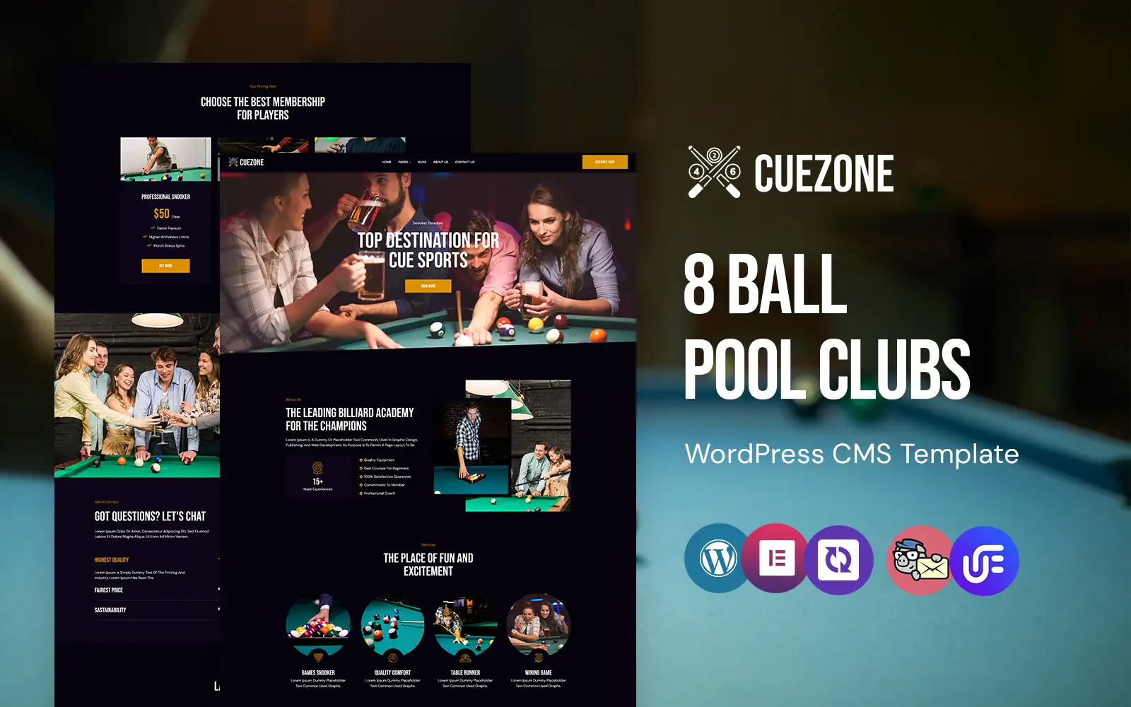 CueZone – 8 Ball Pool Clubs WordPress Elementor Theme WordPress Theme