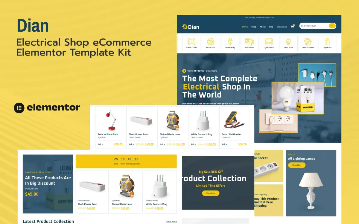 Dian – Electrical Shop & Store eCommerce Elementor Pro Template Kit Elementor Kit