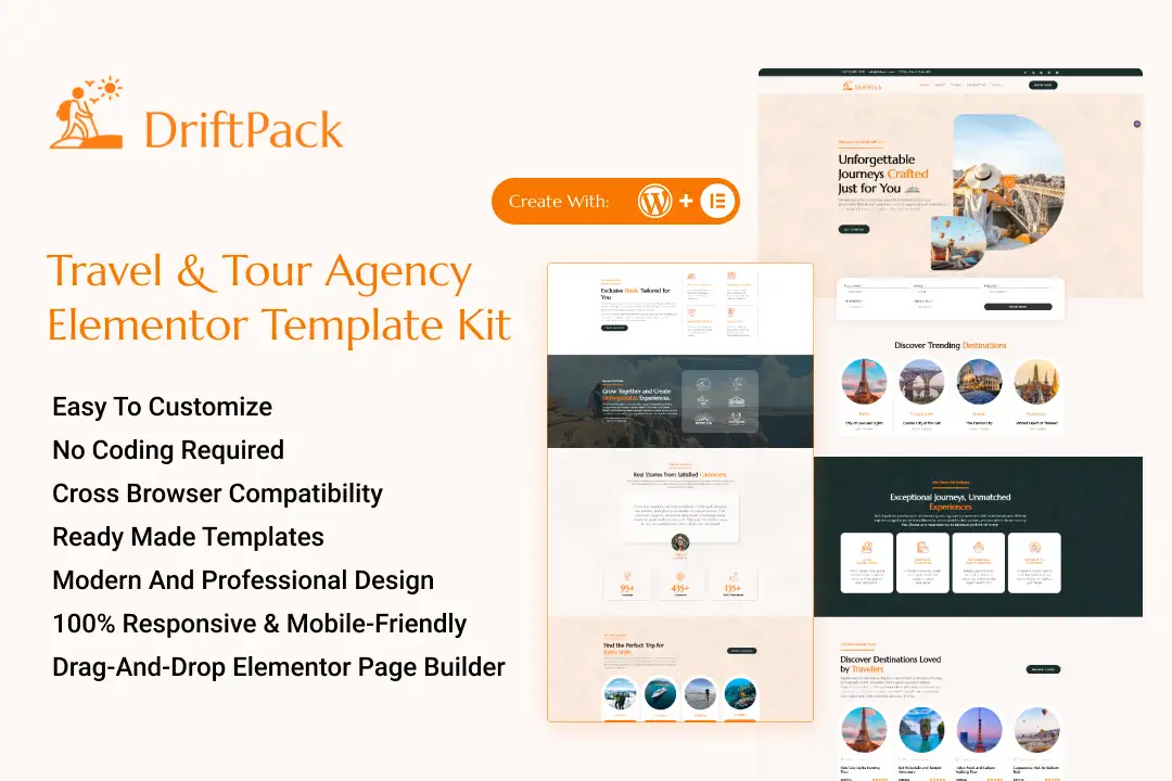 Driftpack – Travel & Tour Agency Elementor Template Kit Elementor Kit