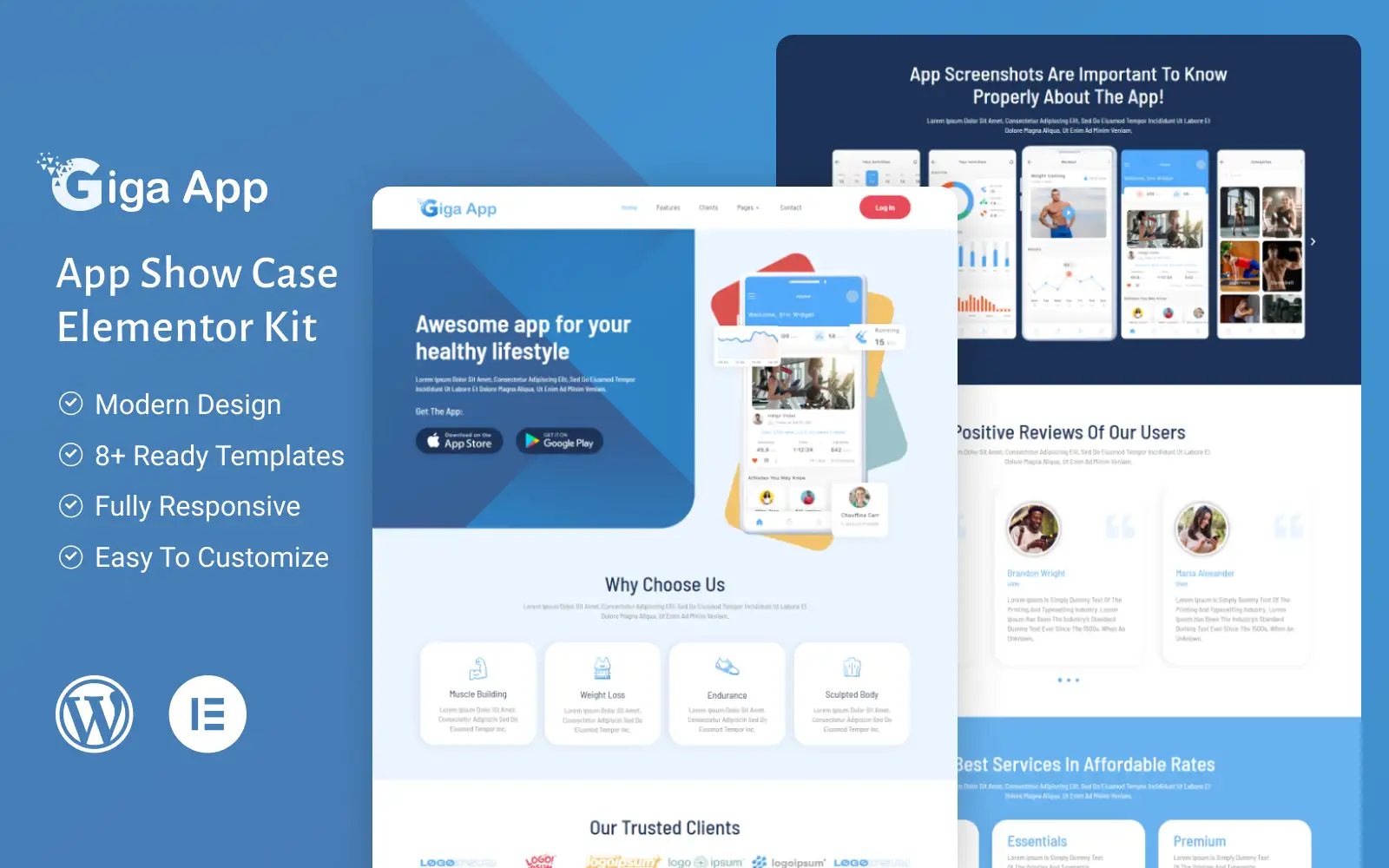 Giga App- Health and Fitness Services Mobile App Showcase Landing Page Elementor kit Elementor Kit