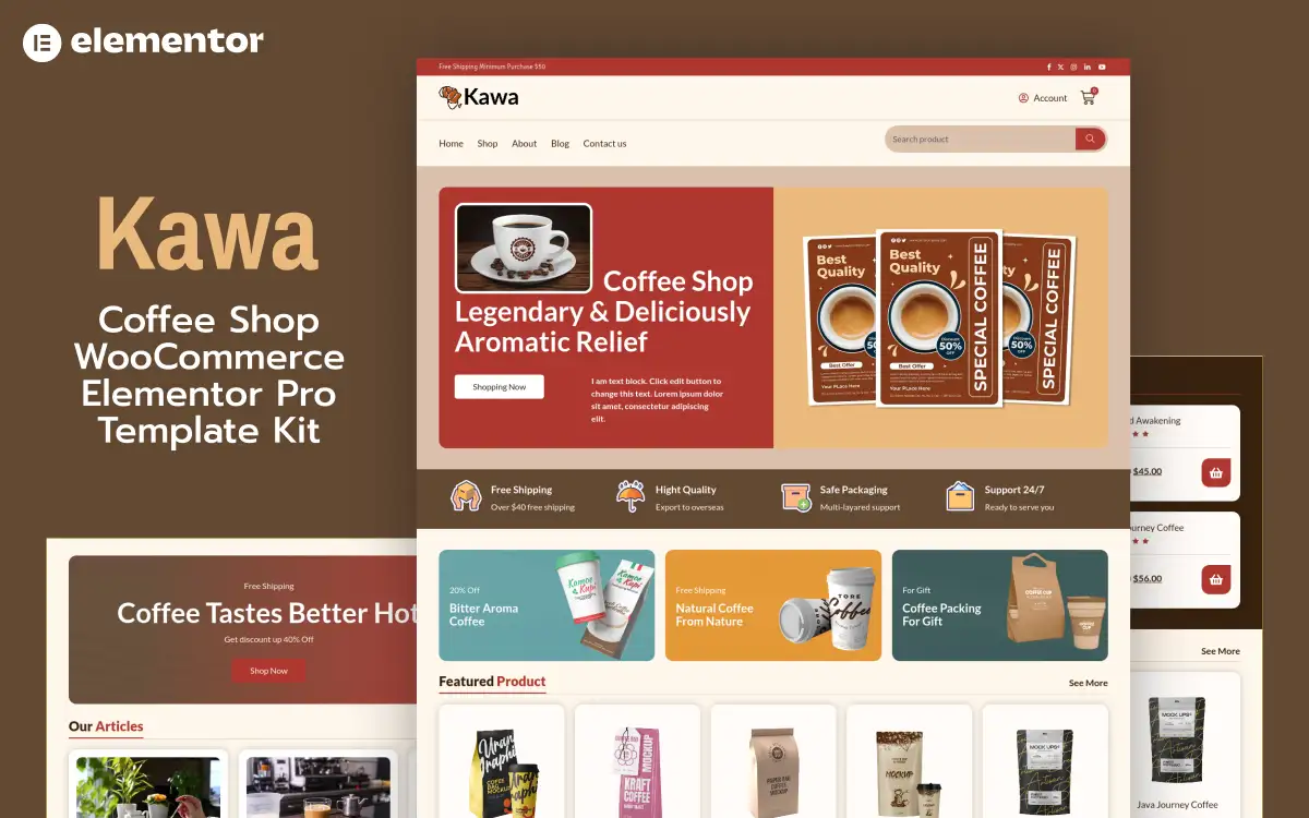 Kawa – Coffee Shop & Store WooCommerce Elementor Pro Template Kit Elementor Kit