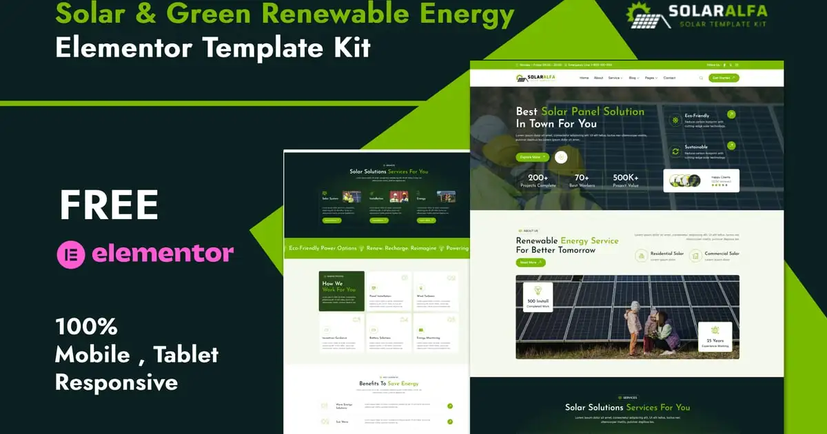 SolarAlfa – Solar & Renewable Energy Elementor Template Kit