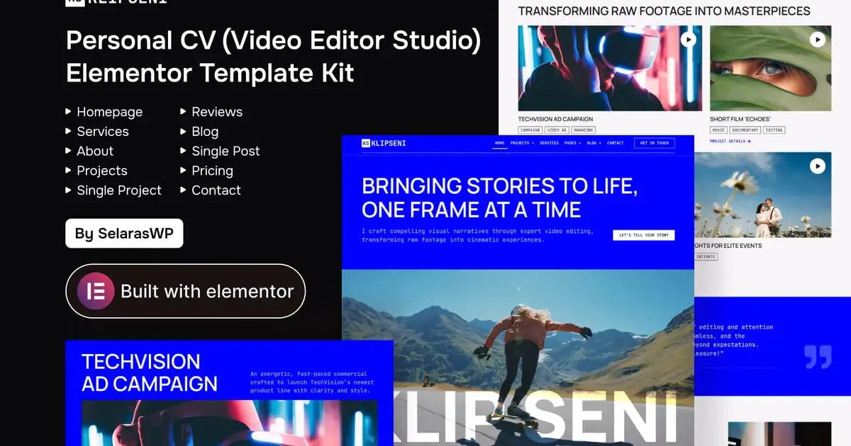 KlipSeni – Personal CV Video Editor Elementor Template Kit