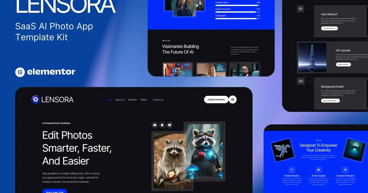 Lensora – SaaS AI Photo App Website Elementor Template Kit