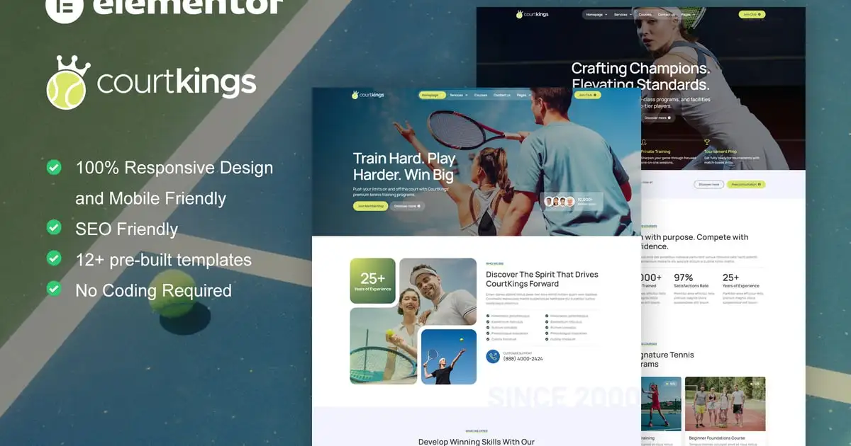 CourtKings – Tennis School & Sport Club Elementor Pro Template Kit
