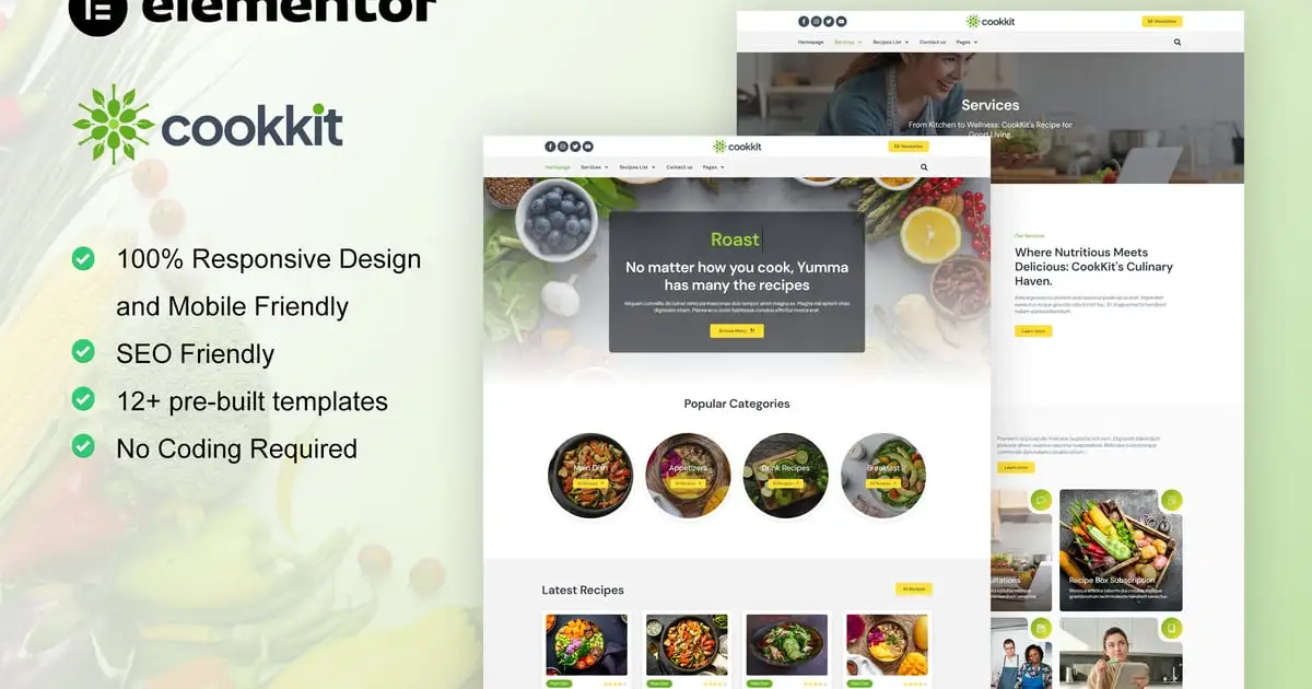 Cookkit – Food Recipe & Nutrition Service Elementor Pro Template Kit