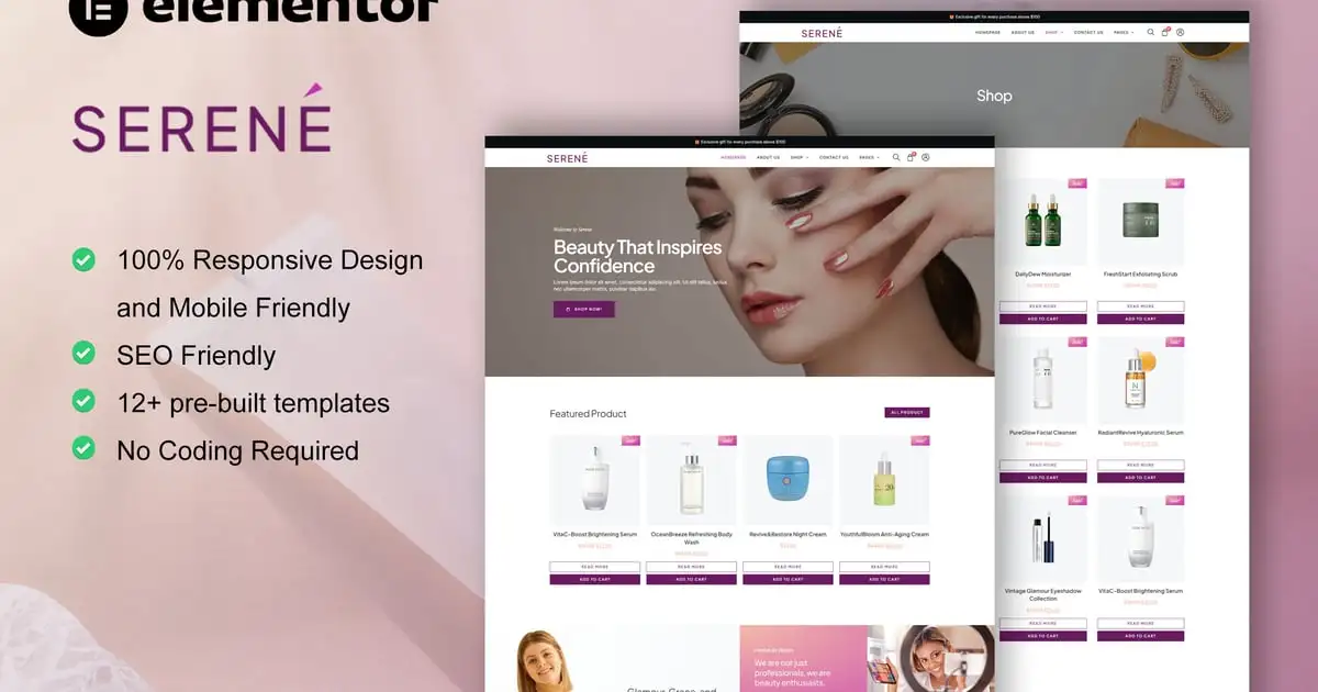 Serene – Beauty Shop & Skincare Elementor Pro Template Kit
