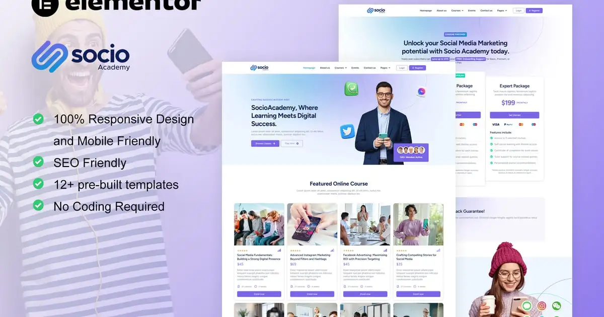 SocioAcademy – Social Media Management Course Elementor Template Kit