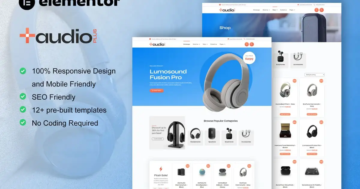 AudioPlus – Audio Store WooCommerce Elementor Template Kit