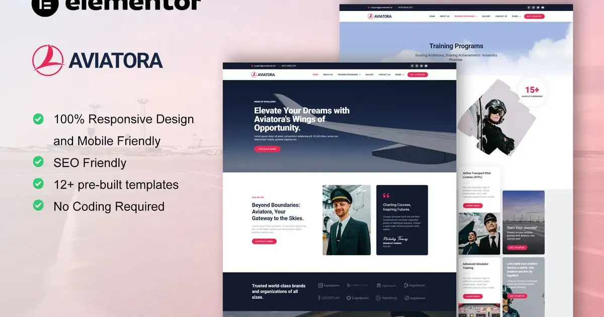 Aviatora – Aviation & Flight School Elementor Pro Template Kit