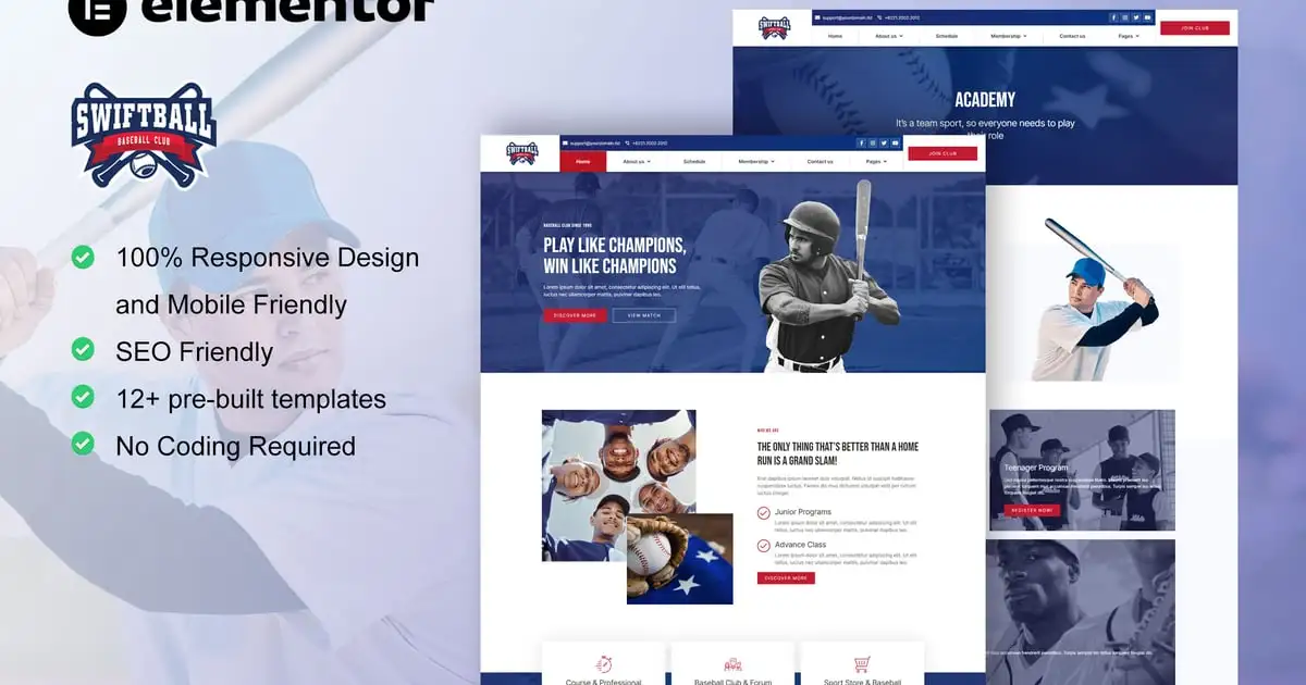 SwiftBall – BaseBall Team & Sport Club Elementor Pro Template Kit