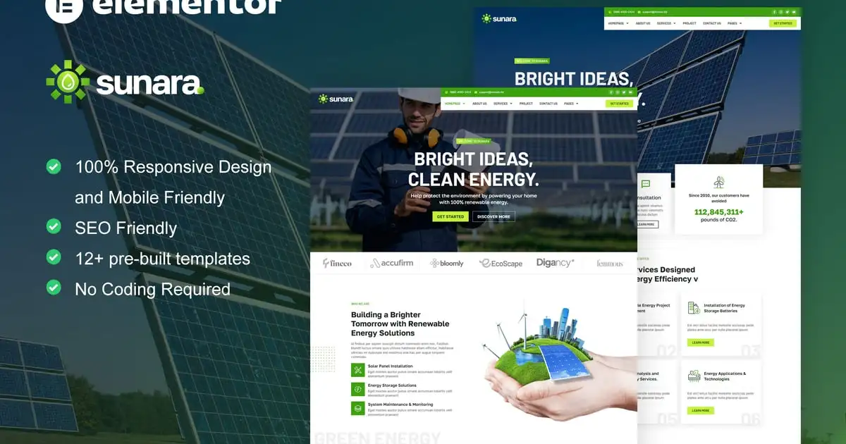 Sunara – Solar & Renewable Energy Elementor Pro Template Kit