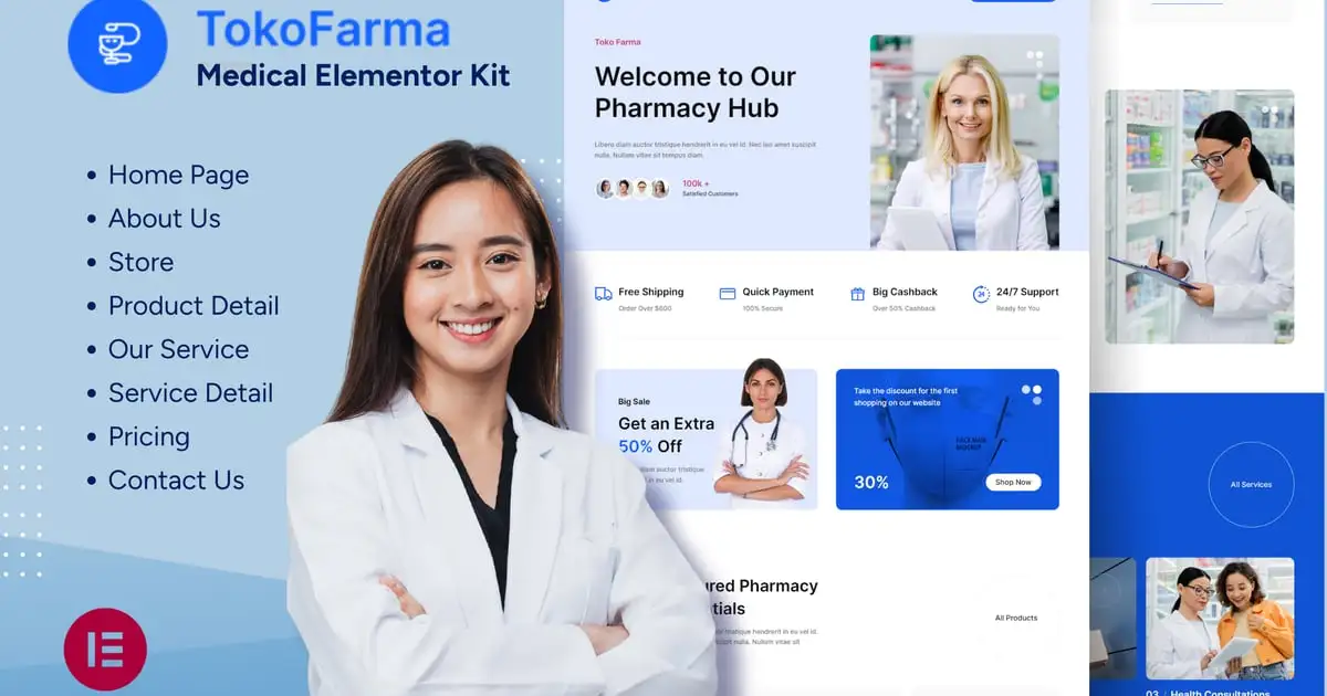 TokoFarma – Ecommerce Medicinal Store Elementor Template Kit