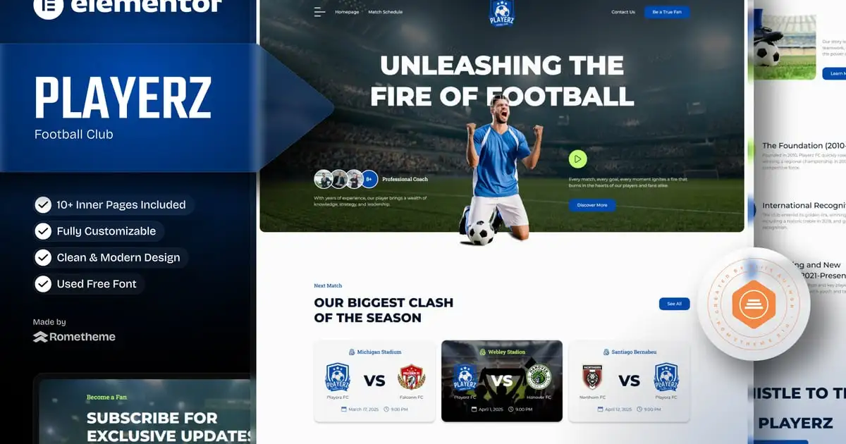 Playerz – Football Team & Sports Club Elementor Template Kit