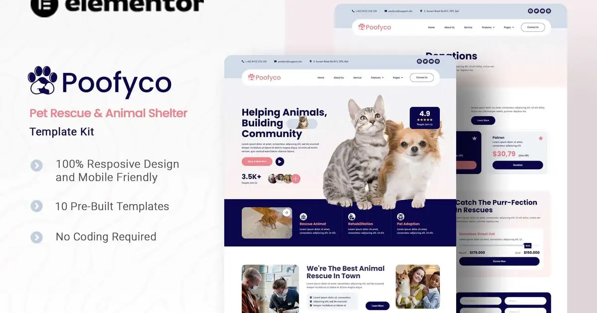 Poofyco – Pet Rescue & Animal Shelter Elementor Template Kit