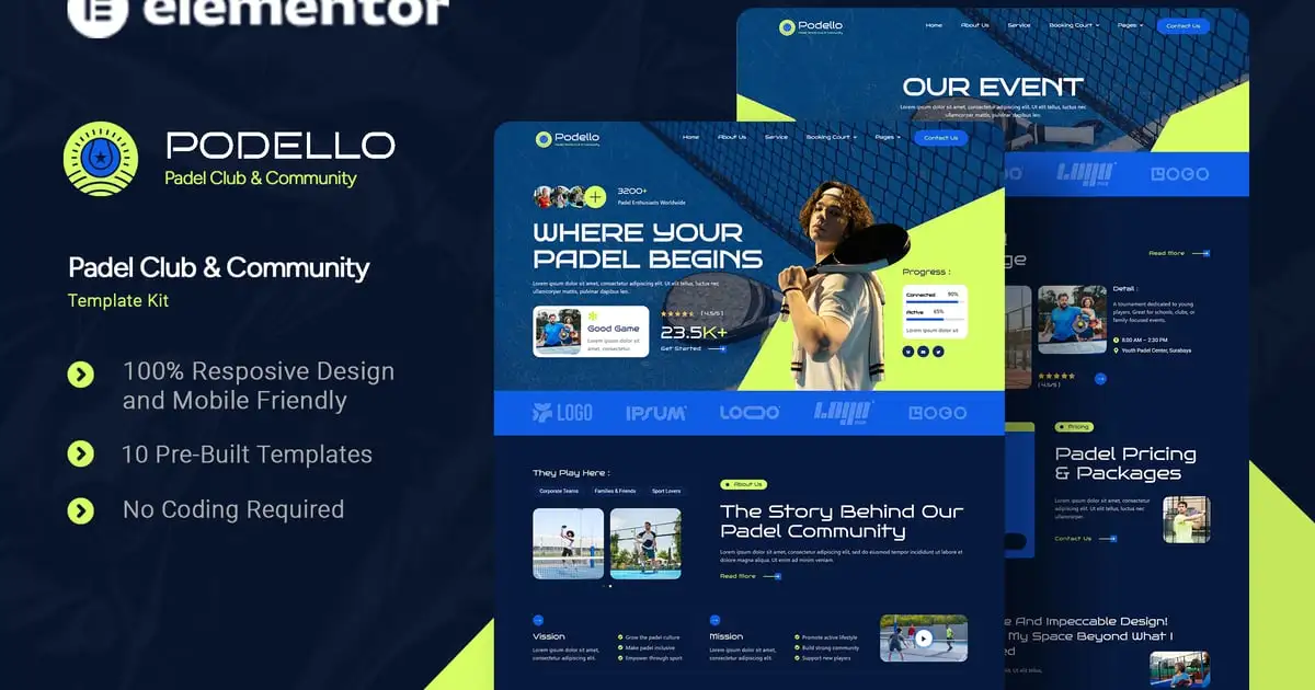 Podello – Padel Club & Community Elementor Template Kit