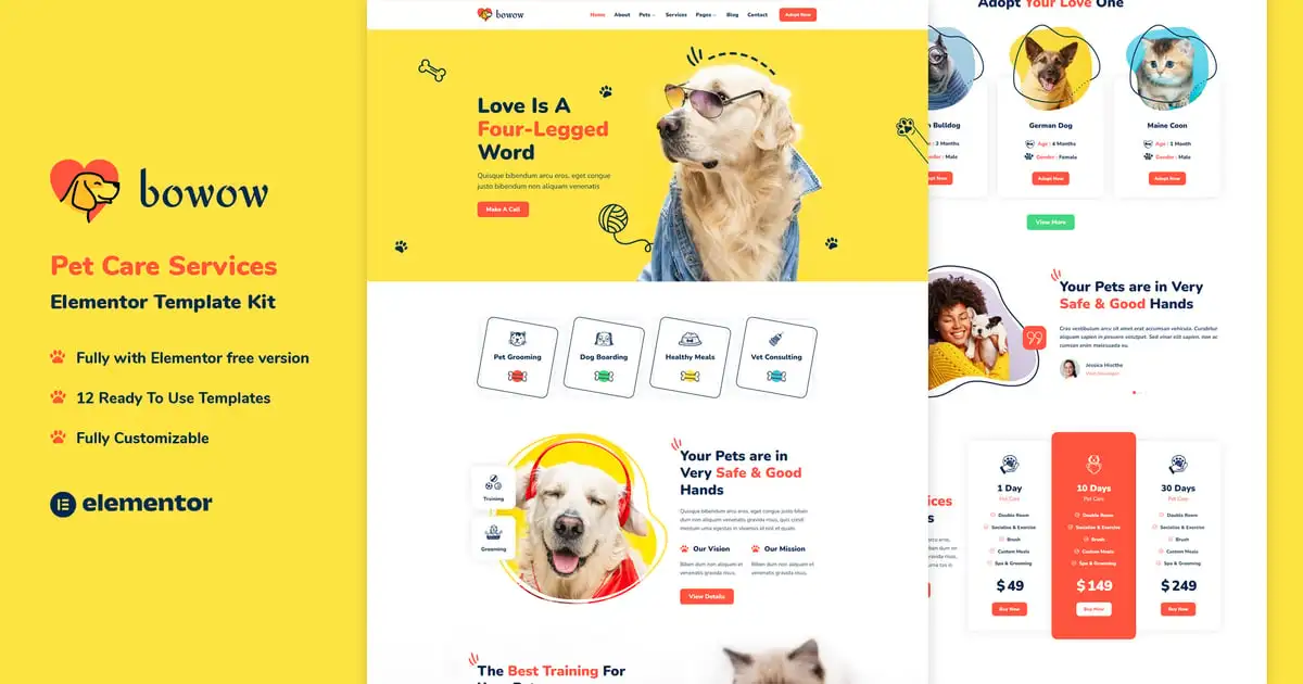 Bowow – Pet Care Services Elementor Template Kit