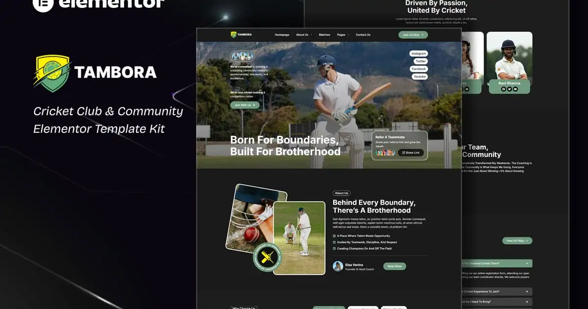 Tambora – Cricket Club & Community Elementor Template Kit