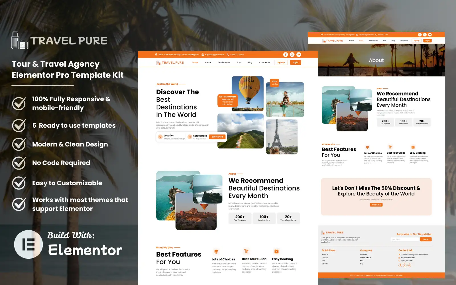 Travel Pure – Travel & Tour Agency Elementor Pro Template Kit Elementor Kit