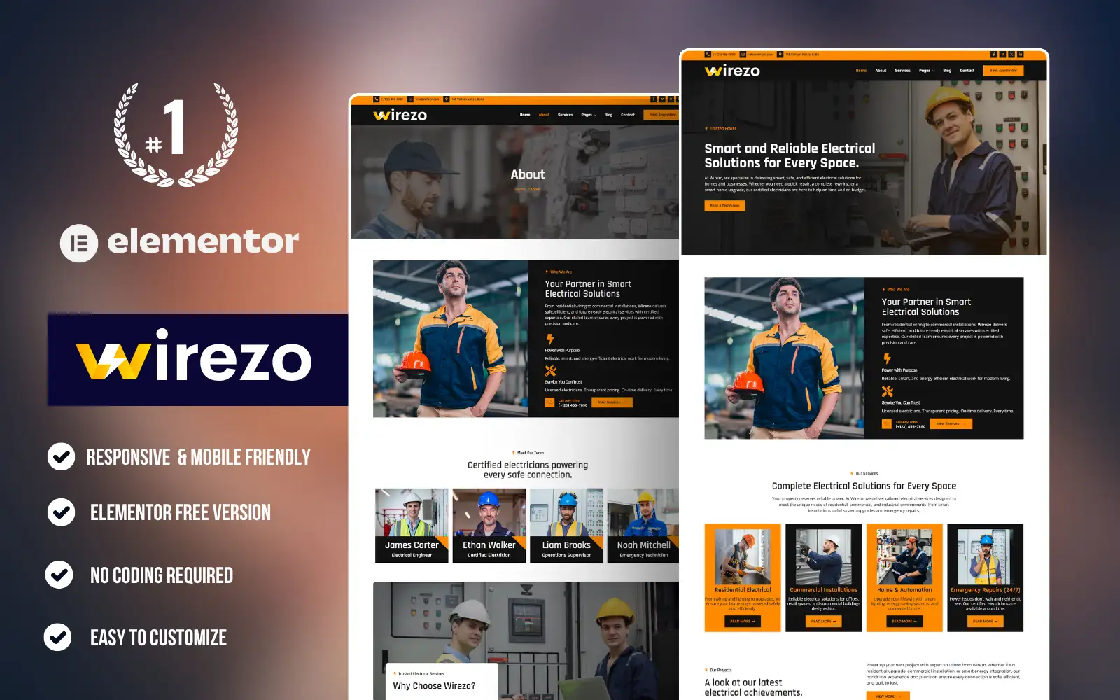 Wirezo – Electrician and Electric Services WordPress Elementor Template Kit Elementor Kit