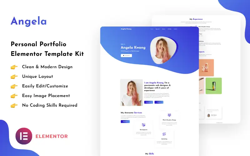 Angela – Unique Personal Portfolio Web Elementor Template Kit Elementor Kit